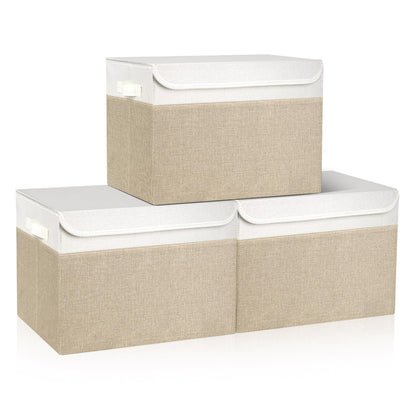 Bagnizer Large 17" 42 Quarts Collapsible Stackable Storage Bins with Lids [3-Pack] Foldable Fabric Linen Storage Boxes Cube, Closet Organizer Baskets with Label (16.7 x 12 x 12, Black)