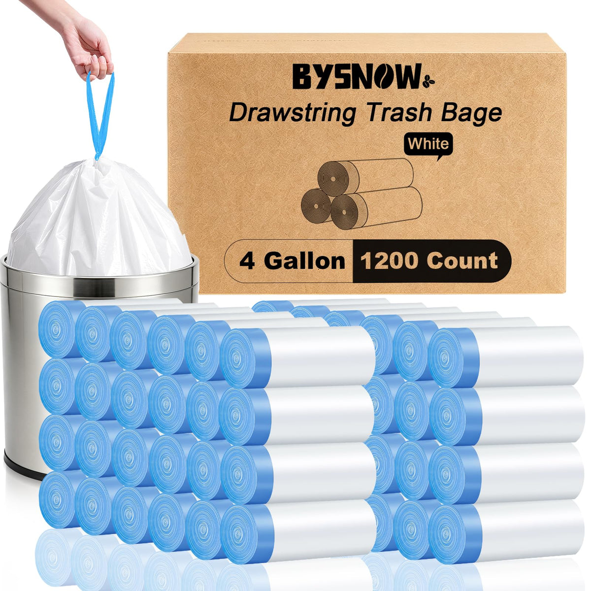 BYSNOW 4 Gallon 200 Counts Small Trash Bags, White Drawstring Garbage Bags