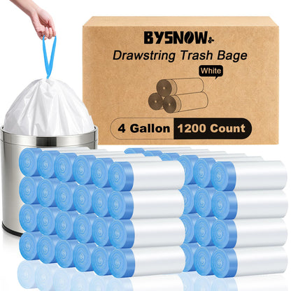 BYSNOW 4 Gallon 200 Counts Small Trash Bags, White Drawstring Garbage Bags