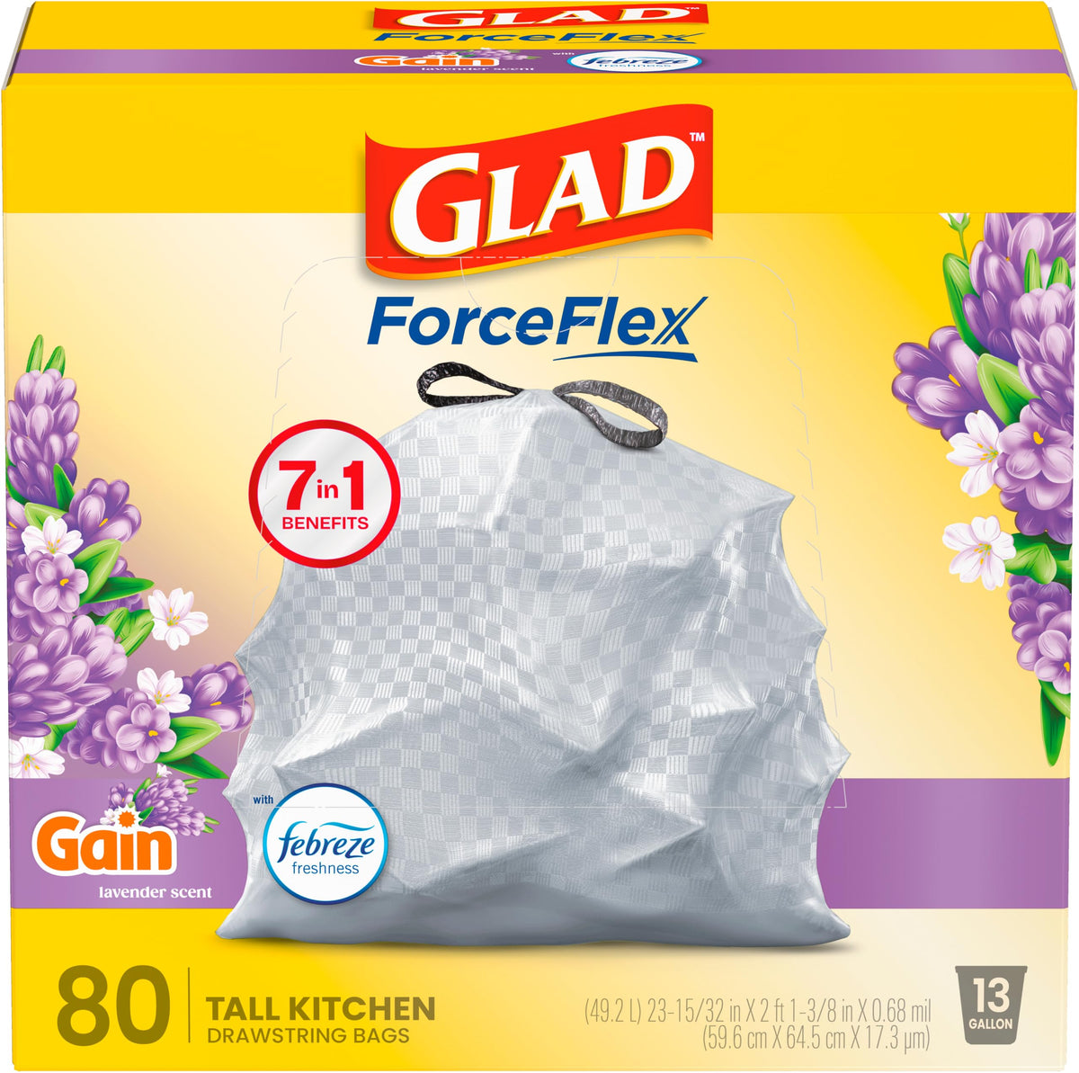 Glad ForceFlex Tall Kitchen Drawstring Trash Bags, 13 Gal, Gain Lavender, 80 Ct (Package May Vary)