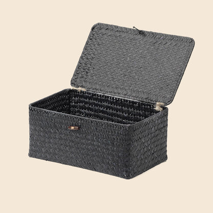 Nonam Wicker Storage Basket with Lid,Seagrass Shelf Basket Set of 3,Nautral