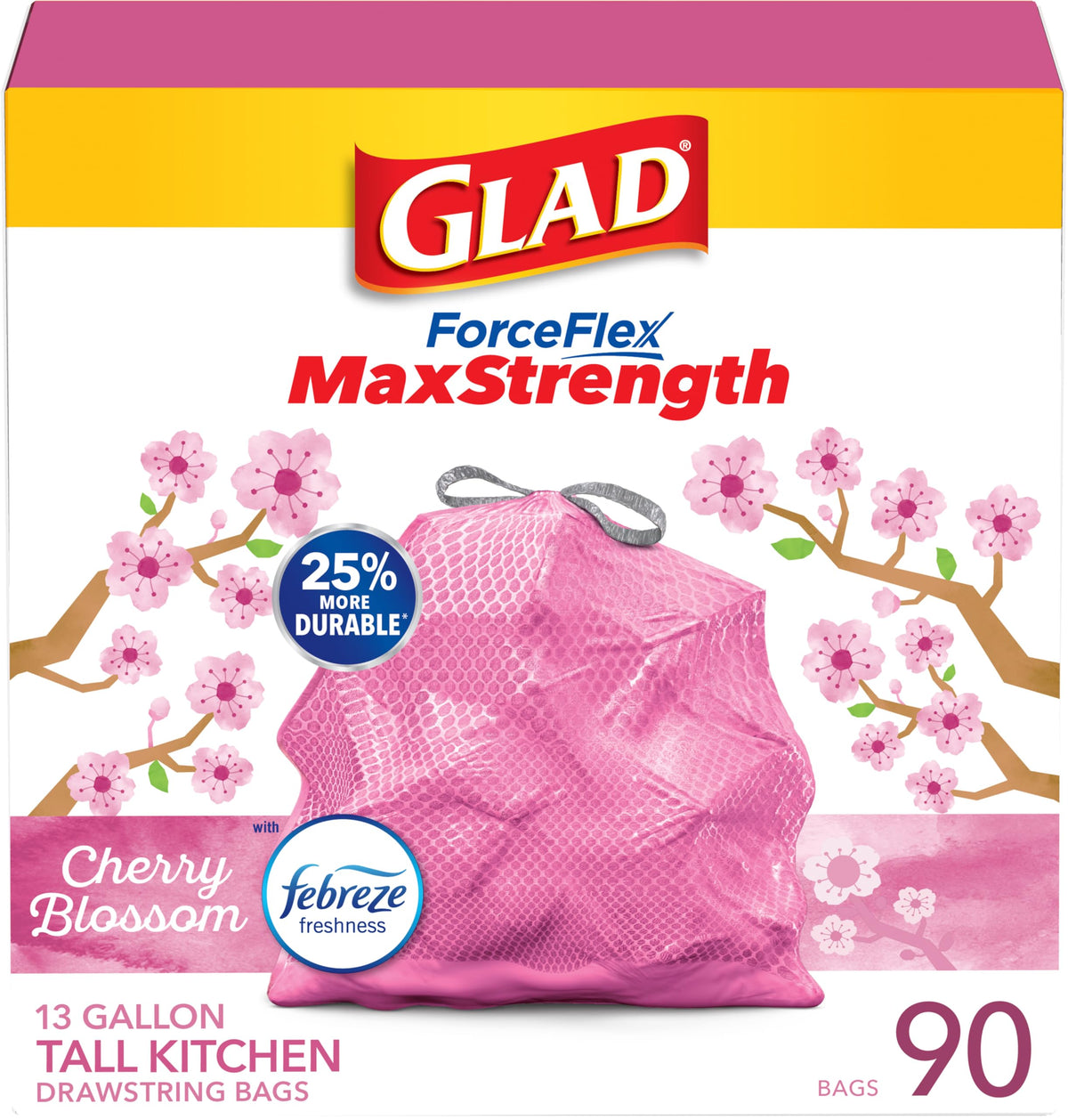 Glad Tall Kitchen Trash Bags 13 Gallon, MaxStrength Cherry Blossom Garbage Bags, Odorshield with Drawstring, 34 Count