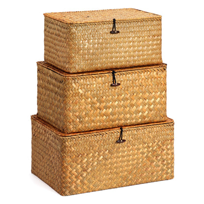 Nonam Wicker Storage Basket with Lid,Seagrass Shelf Basket Set of 3,Nautral