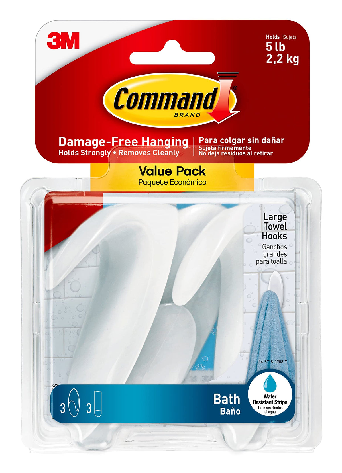 Command Large White Bath Hooks, 3 Hooks, 3 Strips