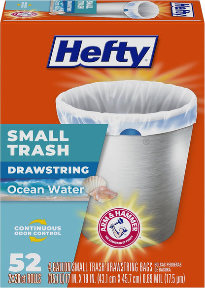 Hefty 4 Gallon Small Trash Bags, White, Ocean Water Scent, 52ct