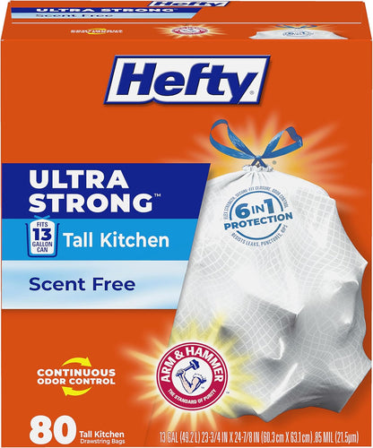 Hefty Ultra Strong 13 Gal Kitchen Trash Bags, White, Unscented, 80ct
