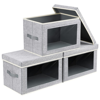 Homsorout Storage Bins with Lids - Fabric Storage Boxes with Window, Collapsible Closet Organizers with Handles, 3 Pack Decorative Bin, Home Cubes Baskets for Clothes, Hat, Books, Dark Grey