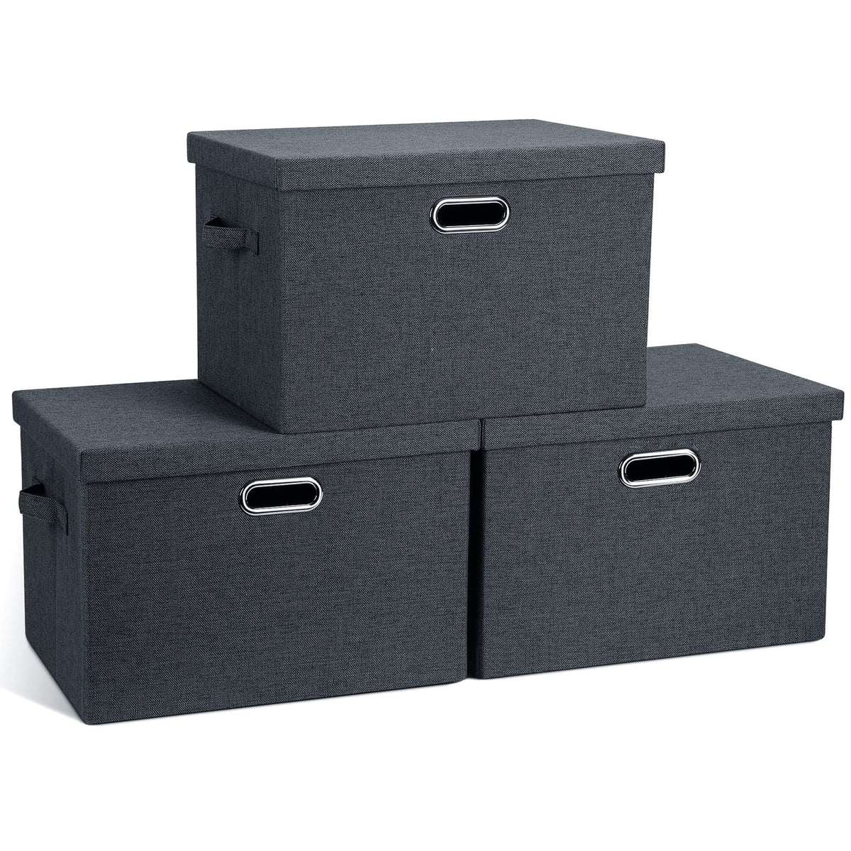 Graciadeco Large Quart Collapsible Stackable Storage Bins with Lids, 3 Packs Beige Linen Fabric Closet Boxes with Lids, Storage Cube Baskets Container Organizers for Bedroom Office(16.6 x 11.7 x 10.8)