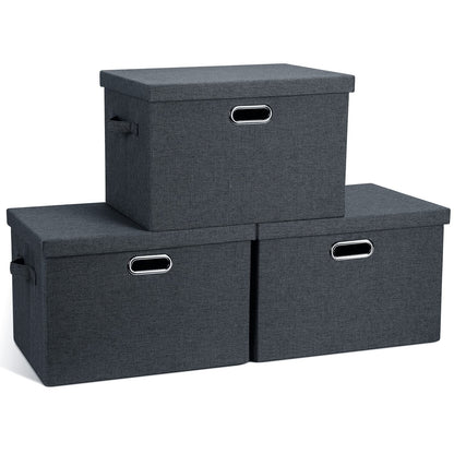 Graciadeco Large Quart Collapsible Stackable Storage Bins with Lids, 3 Packs Beige Linen Fabric Closet Boxes with Lids, Storage Cube Baskets Container Organizers for Bedroom Office(16.6 x 11.7 x 10.8)