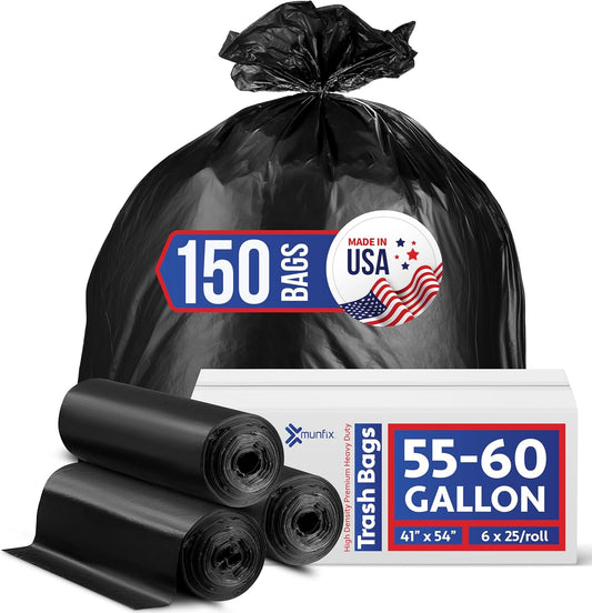 55-60 Gallon Trash Bags Heavy Duty, Bulk 150 Pack Large Black, Made in USA
