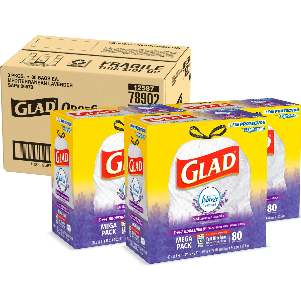 Glad ForceFlex Tall Kitchen Drawstring Trash Bags, 13 Gal, Gain Lavender, 80 Ct (Package May Vary)