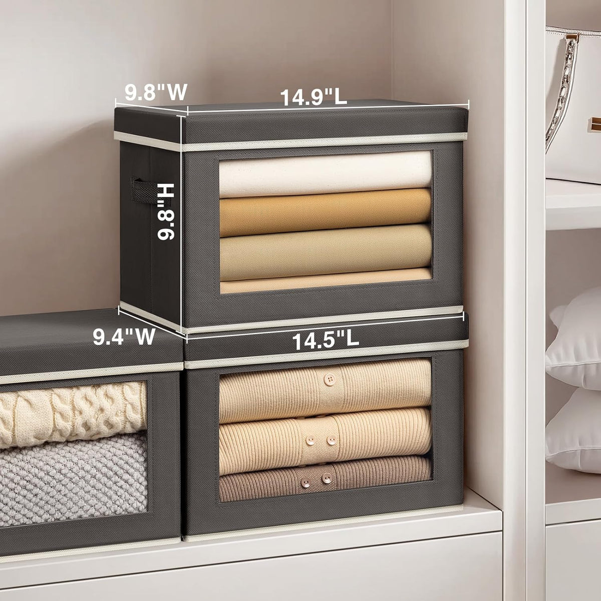 Homsorout Storage Bins with Lids - Fabric Storage Boxes with Window, Collapsible Closet Organizers with Handles, 3 Pack Decorative Bin, Home Cubes Baskets for Clothes, Hat, Books, Dark Grey