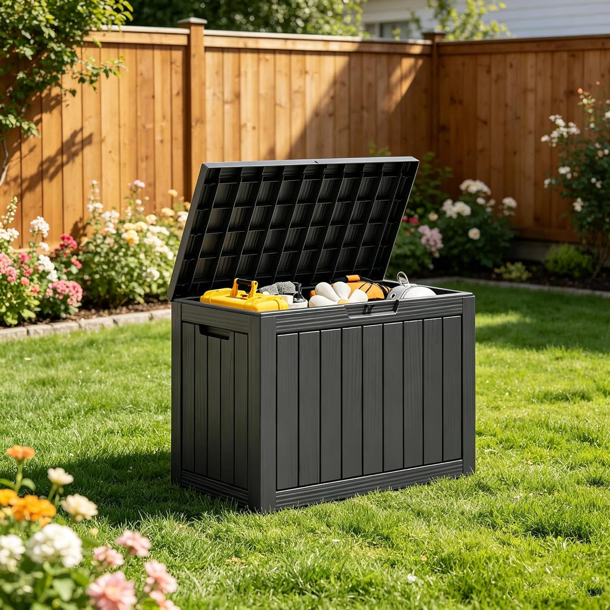 Outdoor Storage Box, Resin Deck Boxes outdoor, Waterproof Storage Box Lockable Lid (Black, 50 Gallon)