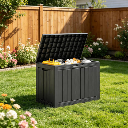 Outdoor Storage Box, Resin Deck Boxes outdoor, Waterproof Storage Box Lockable Lid (Black, 50 Gallon)