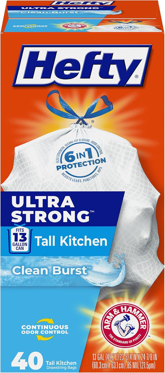 Hefty Ultra Strong 13 Gal Kitchen Trash Bags, White, Clean Burst, 40ct