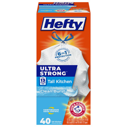 Hefty Ultra Strong 13 Gal Kitchen Trash Bags, White, Clean Burst, 80ct