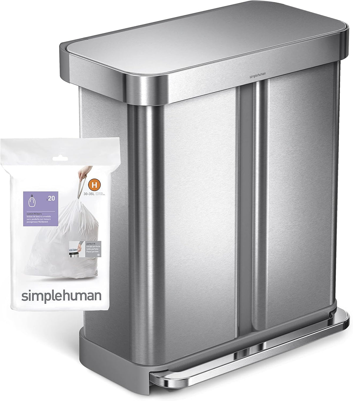 simplehuman Code H 60 Count Custom Fit Liners, Drawstring Kitchen Trash Bags, One-by-One Mess-Free Dispense, Extra Thick & Double Seamed, 50% PCR Plastic, 30-35 Liter / 8-9 Gallon, White