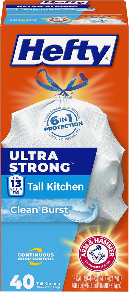 Hefty Ultra Strong 13 Gal Kitchen Trash Bags, White, Clean Burst, 40ct