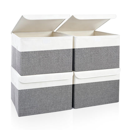 Bagnizer Large 17" 42 Quarts Collapsible Stackable Storage Bins with Lids [3-Pack] Foldable Fabric Linen Storage Boxes Cube, Closet Organizer Baskets with Label (16.7 x 12 x 12, Black)
