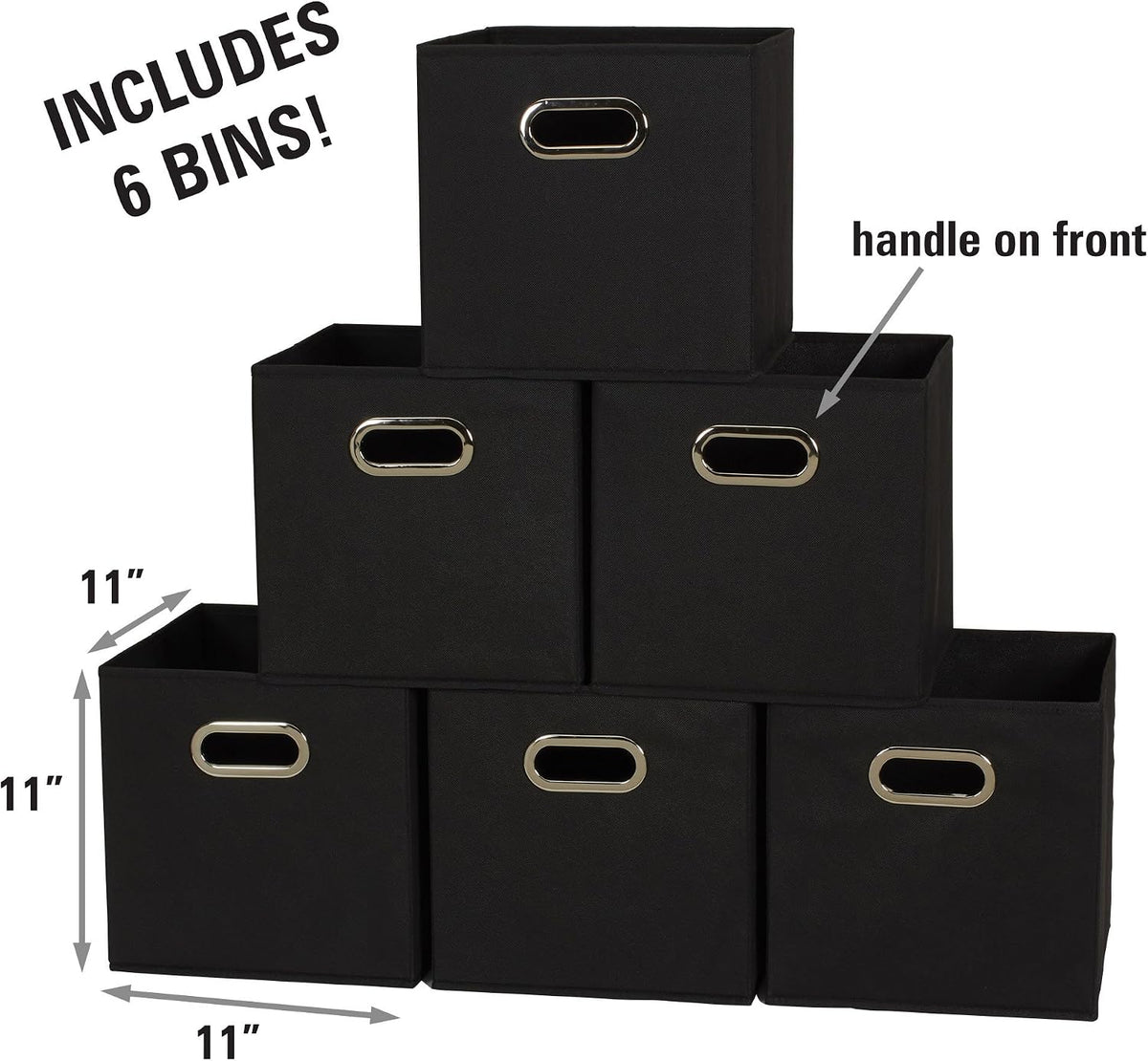 Household Essentials Foldable Fabric Storage Bins 6 Piece Set, Strong Poly-Woven Fabric, Sturdy Chipboard Sides, Grommet Front Handle, Stackable, Classic Design, Black