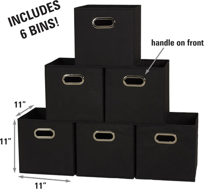 Household Essentials Foldable Fabric Storage Bins 6 Piece Set, Strong Poly-Woven Fabric, Sturdy Chipboard Sides, Grommet Front Handle, Stackable, Classic Design, Black