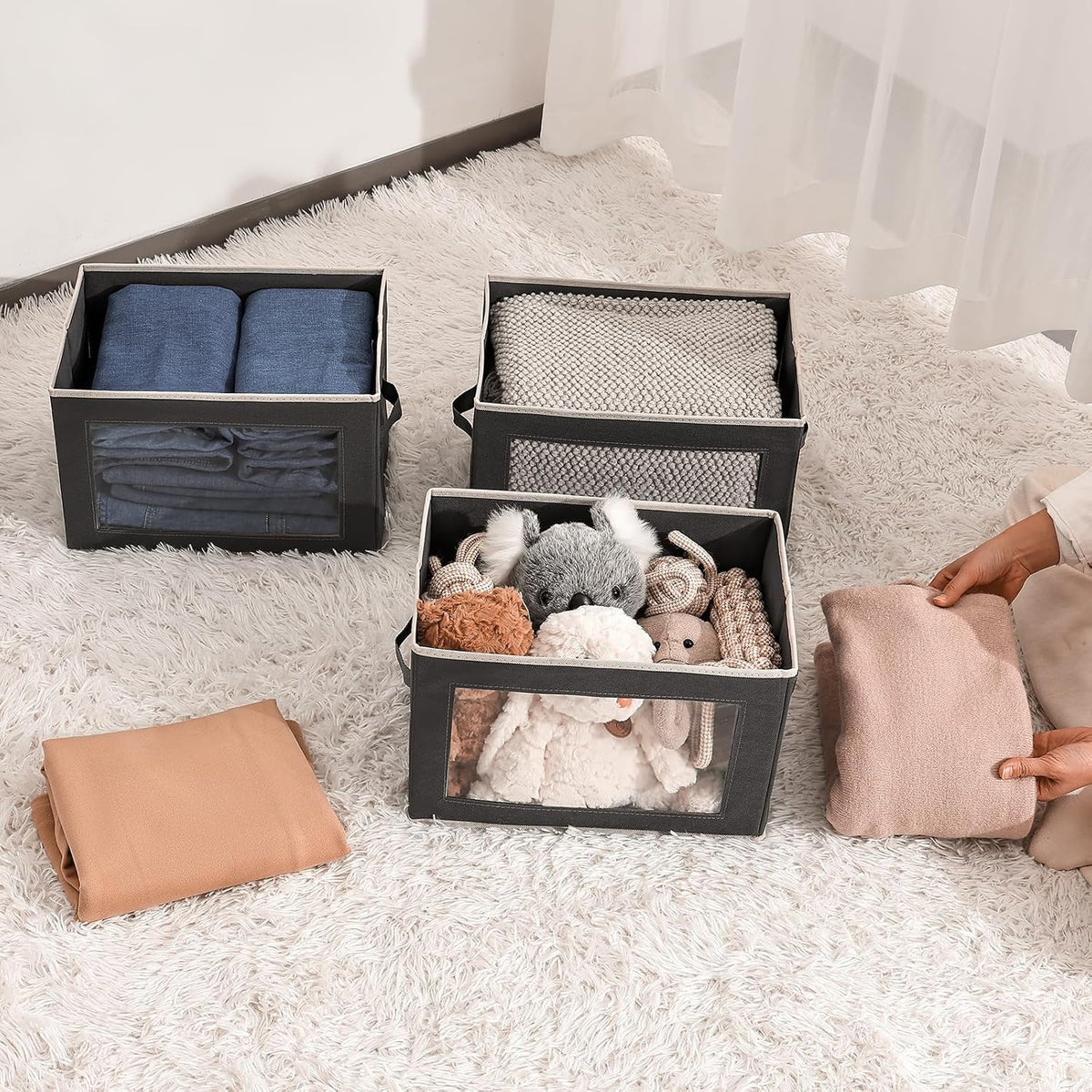 Homsorout Storage Bins with Lids - Fabric Storage Boxes with Window, Collapsible Closet Organizers with Handles, 3 Pack Decorative Bin, Home Cubes Baskets for Clothes, Hat, Books, Dark Grey