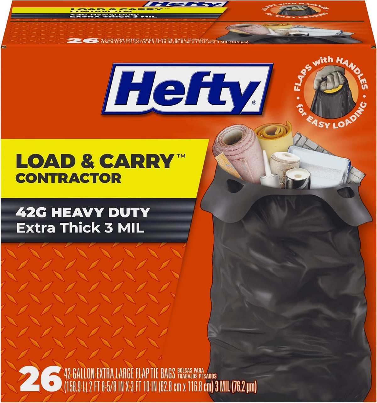 Hefty Load and Carry Contractor 42 Gallon Trash Bags, 3.0 Mil, 26ct