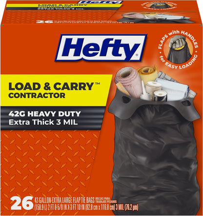 Hefty Load and Carry Contractor 42 Gallon Trash Bags, 3.0 Mil, 26ct