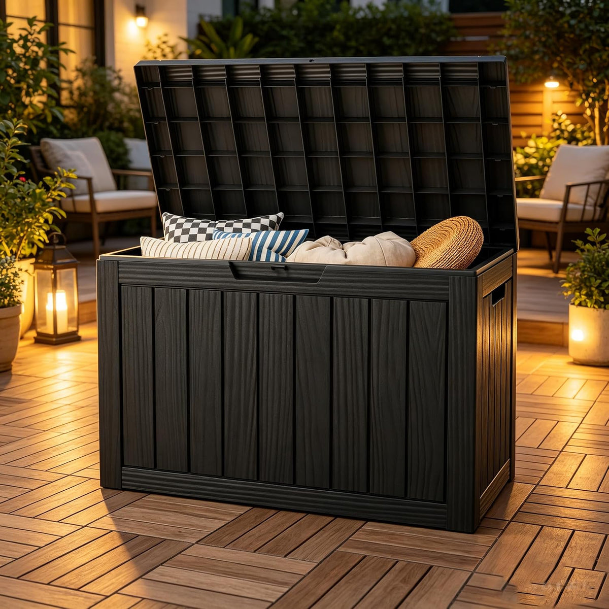 Outdoor Storage Box, Resin Deck Boxes outdoor, Waterproof Storage Box Lockable Lid (Black, 50 Gallon)
