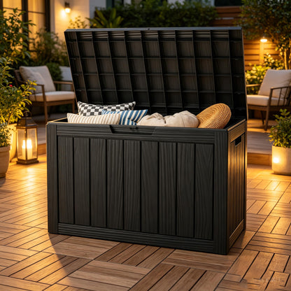 Outdoor Storage Box, Resin Deck Boxes outdoor, Waterproof Storage Box Lockable Lid (Black, 50 Gallon)