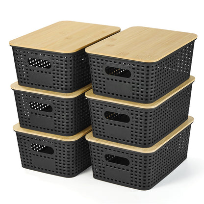 Ohmlove 6 Pack Plastic Storage Baskets with Bamboo Lids for Organization