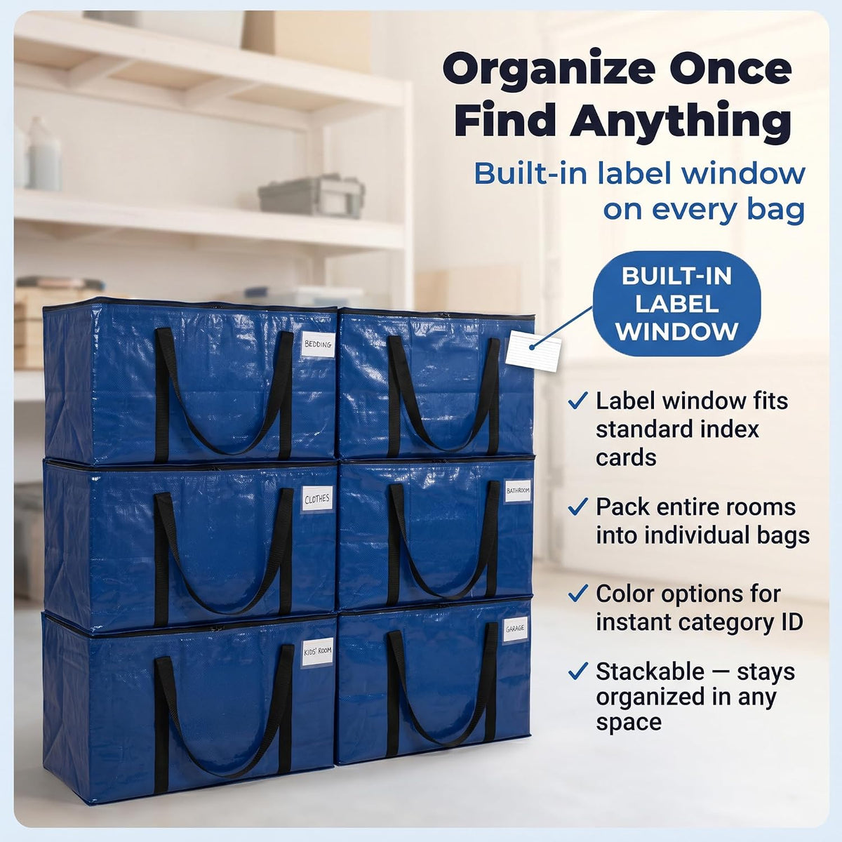 ClearSpace Heavy Duty Moving Bags or Storage Bins with Lids, Blue, 6 Pack
