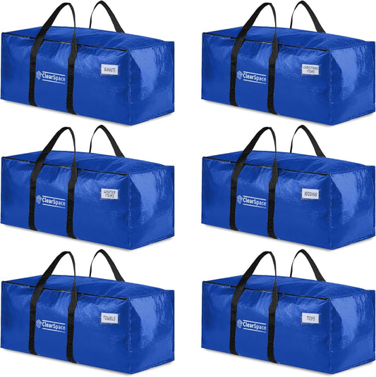 ClearSpace Heavy Duty Moving Bags or Storage Bins with Lids, Blue, 6 Pack