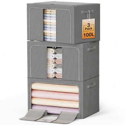 Clothes Storage Bins with Metal Frame Foldable Storage Box Clothes Organizers Storage Containers for Clothes Sheets Blankets Books Toys Gifts and Holiday Decorations (66Lx3 Pack)