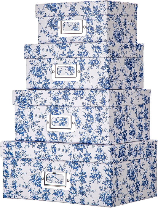 Briful Blue White Floral Nested Decorative Storage Boxes with Lids | 4Pcs Vanity Desktop Organizer Bin, Cardboard Photo Boxes Storage for Makeup, Office Supplies, Entryway Shelf Decor, Gift Box