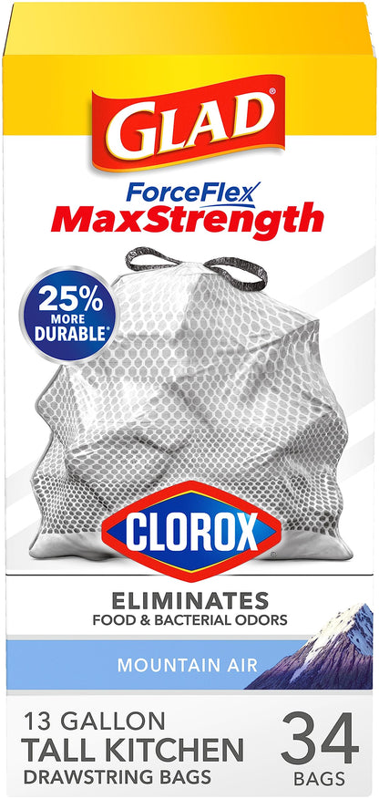 Glad Tall Kitchen Trash Bags 13 Gallon, MaxStrength Cherry Blossom Garbage Bags, Odorshield with Drawstring, 34 Count
