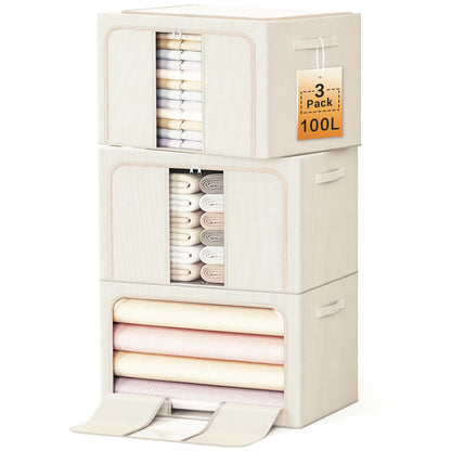 Clothes Storage Bins with Metal Frame Foldable Storage Box Clothes Organizers Storage Containers for Clothes Sheets Blankets Books Toys Gifts and Holiday Decorations (66Lx3 Pack)