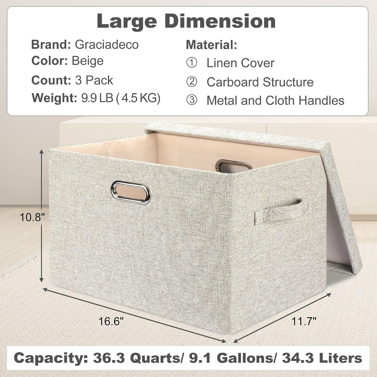 Graciadeco Large Quart Collapsible Stackable Storage Bins with Lids, 3 Packs Beige Linen Fabric Closet Boxes with Lids, Storage Cube Baskets Container Organizers for Bedroom Office(16.6 x 11.7 x 10.8)