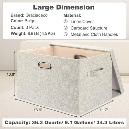 Graciadeco Large Quart Collapsible Stackable Storage Bins with Lids, 3 Packs Beige Linen Fabric Closet Boxes with Lids, Storage Cube Baskets Container Organizers for Bedroom Office(16.6 x 11.7 x 10.8)