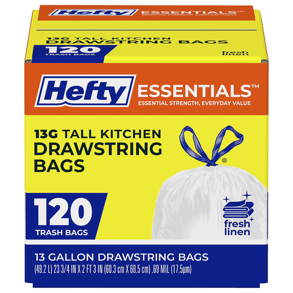 Hefty Essentials 13 Gallon Kitchen Trash Bags, White, Unscented, 120ct