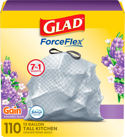 Glad ForceFlex Tall Kitchen Trash Bags, 13 Gallon, Gain Lavender, 40 Count (Package May Vary)