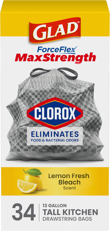 Glad Tall Kitchen Trash Bags 13 Gallon, MaxStrength Cherry Blossom Garbage Bags, Odorshield with Drawstring, 34 Count