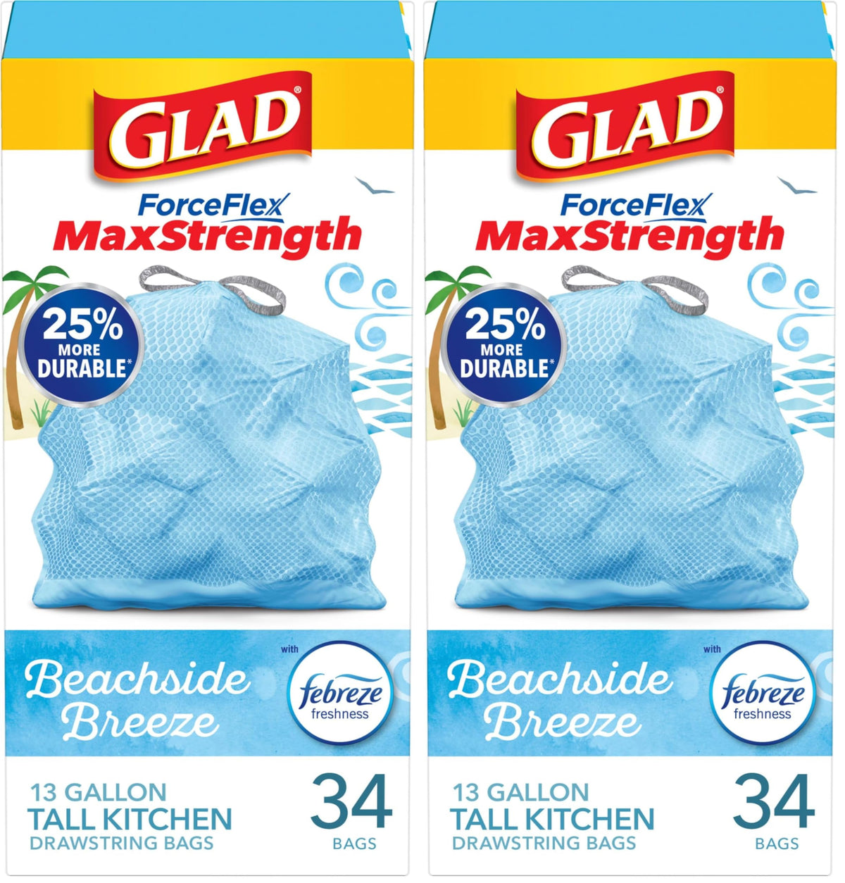 Glad Tall Kitchen Trash Bags 13 Gallon, MaxStrength Cherry Blossom Garbage Bags, Odorshield with Drawstring, 34 Count