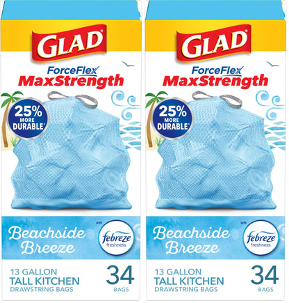Glad Tall Kitchen Trash Bags 13 Gallon, MaxStrength Cherry Blossom Garbage Bags, Odorshield with Drawstring, 34 Count
