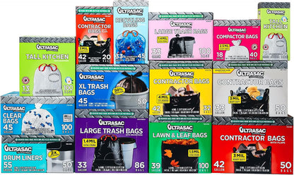 Ultrasac Black Heavy Duty Drawstring Trash Bags 33 Gallon, Pack of 86