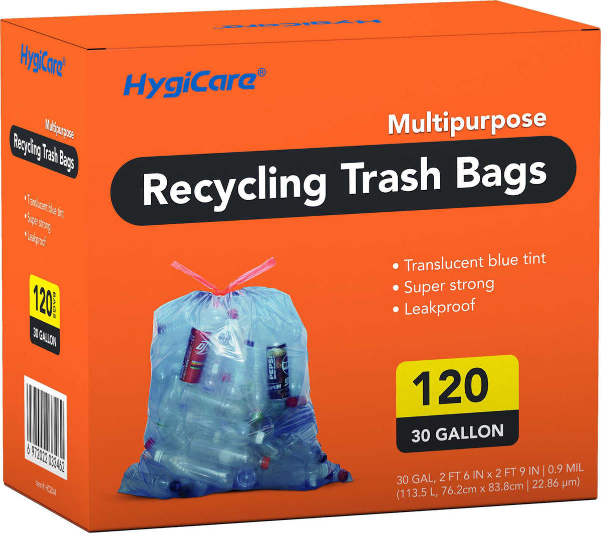 HygiCare 13 Gallon Recycling Trash Bags, Unscented 200 Count Drawstring Tall Kitchen Garbage Bags, Pre-Separated, Ultra Strong, Leakproof, Sturdy, Translucent Blue