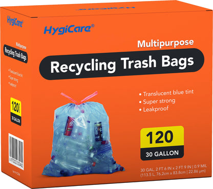 HygiCare 13 Gallon Recycling Trash Bags, Unscented 200 Count Drawstring Tall Kitchen Garbage Bags, Pre-Separated, Ultra Strong, Leakproof, Sturdy, Translucent Blue