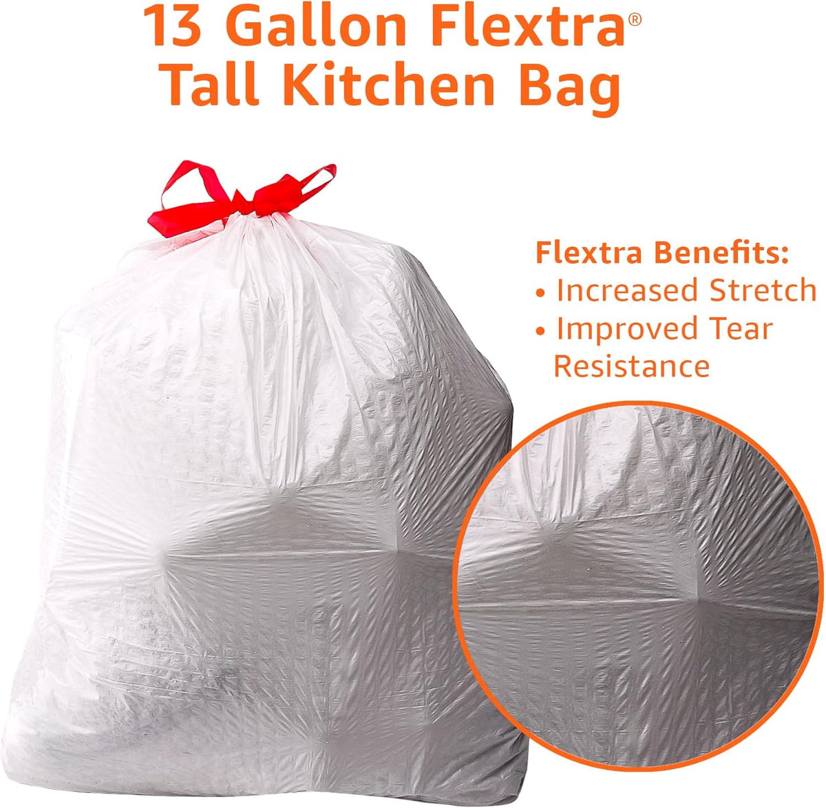 Amazon Basics 13 Gallon Tall Kitchen Drawstring Trash Bags, Flextra Strength, Tear Resistant, 10% Post Consumer Recycled, 120 Count