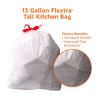 Amazon Basics Flextra Tall Kitchen Drawstring Trash Bags, 13 Gallon, 50 Count, Tear-Resistant, Unscented