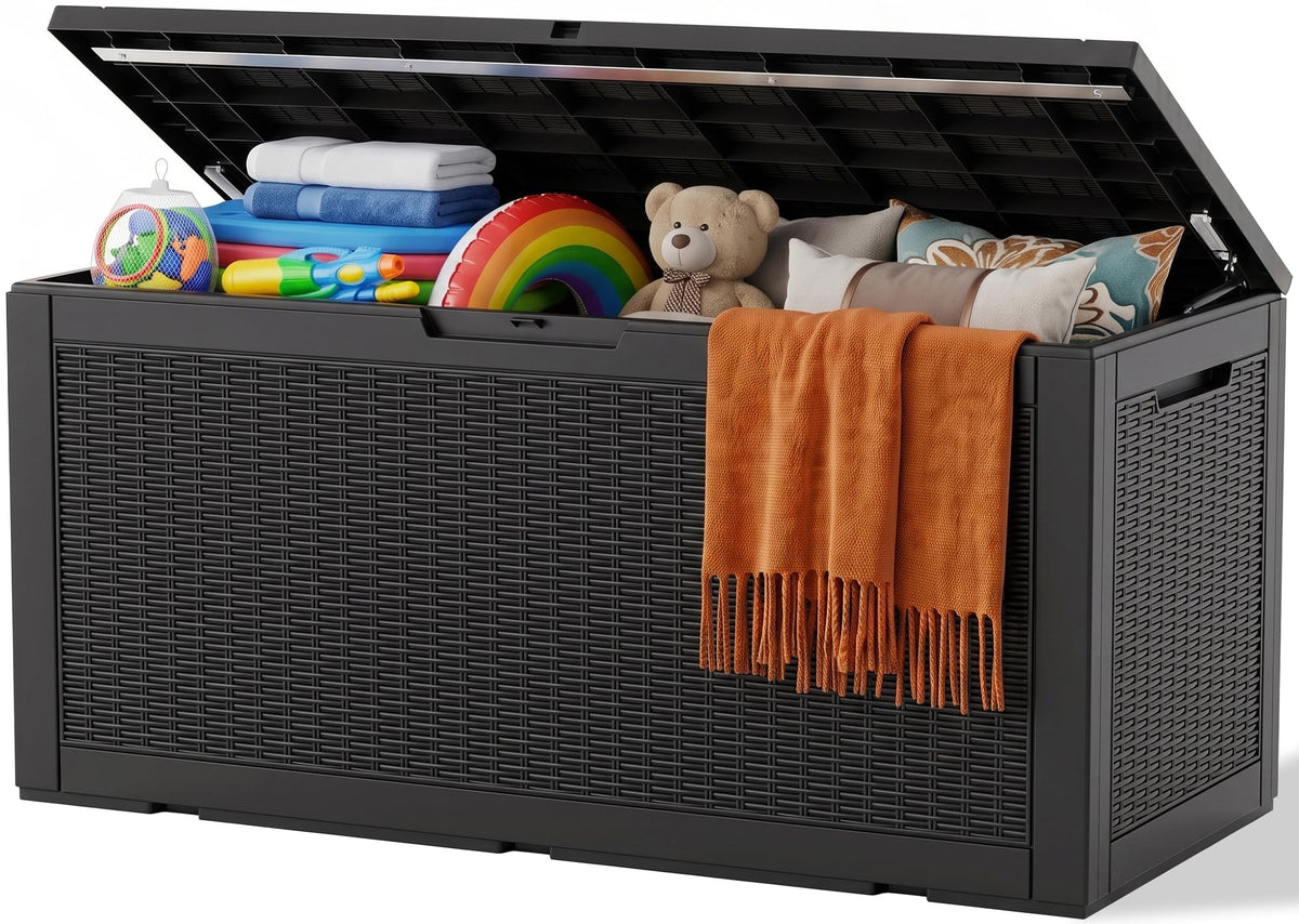 Outdoor Storage Box, 360 Gallon Waterproof Resin Deck Box with Support Rod